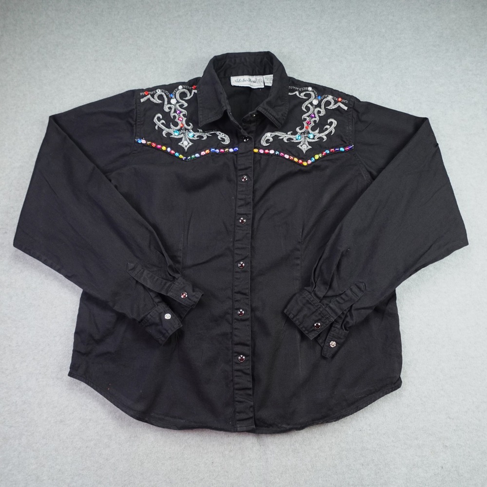Adobe Rose Shirt Womens L Black Western Embroidered Rhinestone Button Up